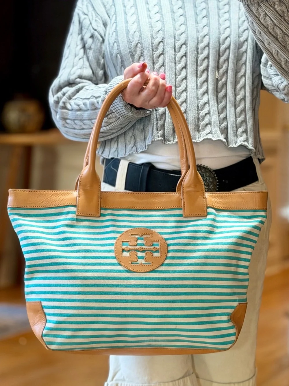 Tory Burch Rare Coastal Grandmother 2010’s Sophia Striped Canvas Tote Aqua GUC